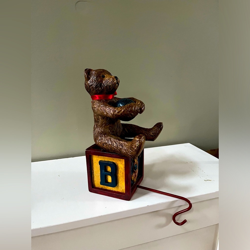 Vintage Teddy Bear on Alphabet Box “B” Stocking Holder w/Red Ribbon Heavy Solid